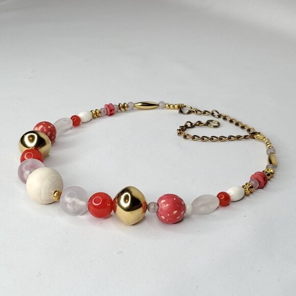 Vintage Red Bead Necklace Goldtone White Clear Frosted Teresa Goodall 16" - Picture 3 of 5